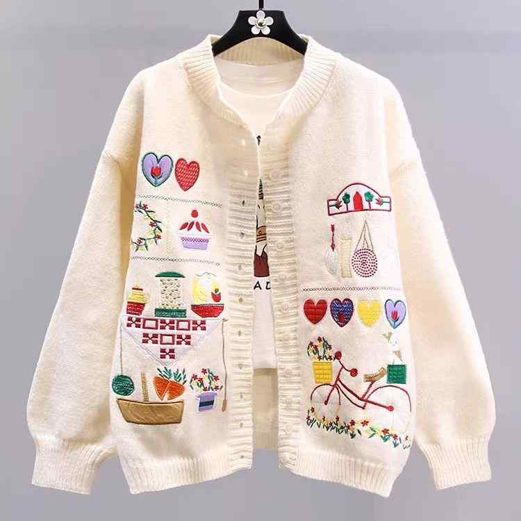 ニット カーディガン レディース 秋冬 レトロ アニメ風 刺繍 ゆったり プレッピー 長袖 クルーネック ボタン 切り替え ビスコース混 かわいい 爽やか 普段使い オフホワイト ピンク ブラック