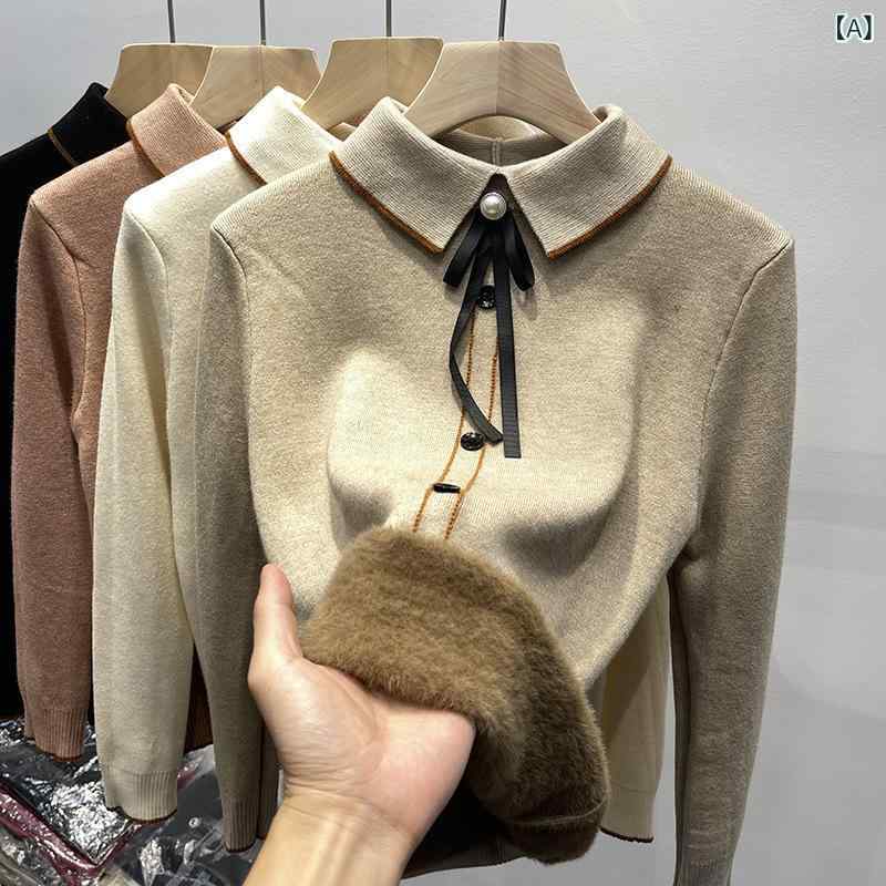 ニット レディース 秋冬 裏起毛 長袖 ポロ襟 厚手 暖か ゆったり インナートップス アクリル 素材 爽やか かわいい スタイル カーキ ピンク ベージュ