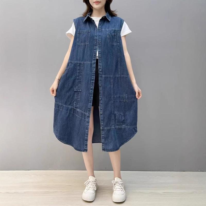 限りない レディース ジーンズ ノースリーブ 真っただ中ロング ゆったり 無償性大きさ ラペル 名取り草 ウォッシュ製作 レトロ うつり変わり 衣嚢 春 日韓心地好い 普段使い走り 分かりやすい 無地 うす暗い青み 青み 黒いこと
