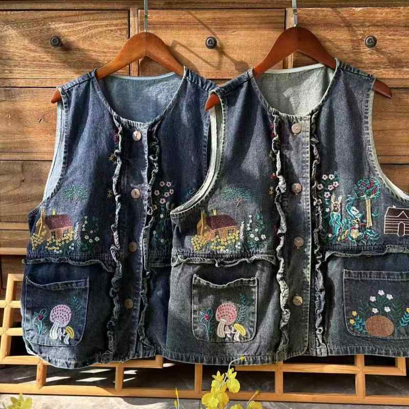ベスト レディース 刺繍 幾何模様 丸首 シングルボタン コットン ルーズフィット レトロ風 森ガール 学院風 清新 スイート 春 ナチュラル カジュアル 普段使い かわいい 上品 フェミニン スタイル