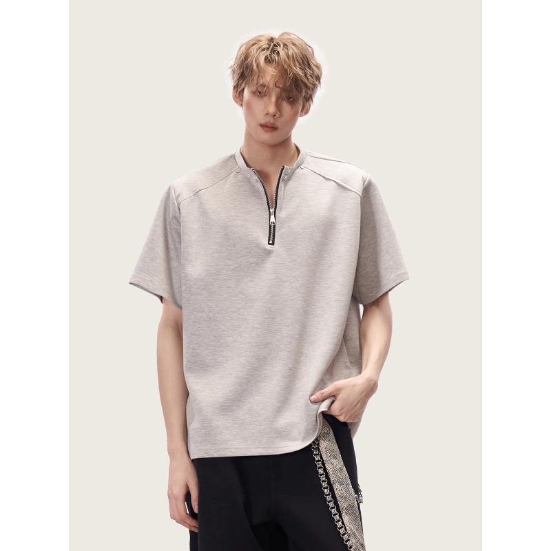 Tシャツ メンズ 春夏 半袖 ハーフジップ ゆったり カジュアル トップス ポリエステル 無地 黒 花グレー 普段使い ルーズフィット クルーネック