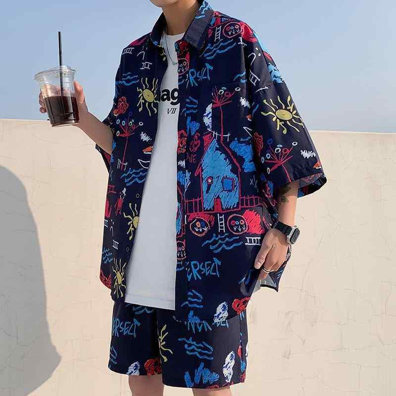ビーチセット メンズ 夏 薄手 ゆったり ハワイアン 花柄 シャツ ショーツ 2点セット コットン混紡 ポリエステル 海辺 スポーツ ビーチウェア 男性用 リラックス カジュアル