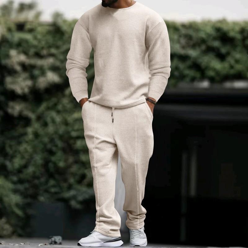 メンズ 秋冬 ワッフル クルーネック 長袖 Tシャツ ロングパンツ カジュアル スポーツ セットアップ ポリエステル 混紡 普段使い おしゃれ グレー カーキ 黒