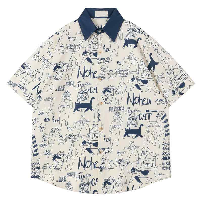 シャツ メンズ レディース 夏 半袖 ルーズ カジュアル ポインテッドカラー フラワープリント 手描き風 日系レトロ ストリート 普段使い アプリコット グリーン ポリエステル