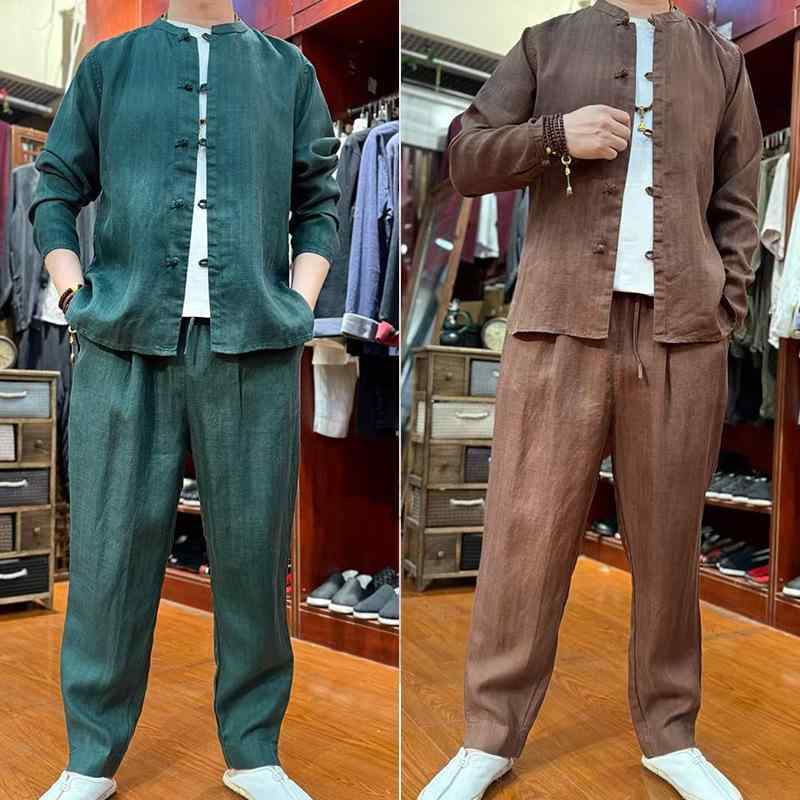 中国風 唐装セット メンズ チャイナボタン 長袖 トップス ロングパンツ リネン コットン 織り オールシーズン カジュアル スタイル 普段使い ブラウン グリーン ブラック ビッグサイズ