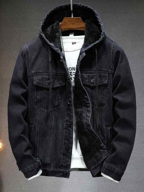 ジャケット メンズ フード付き デニム アウター 厚手 暖か 冬 長袖 中長丈 ノーカラー シングルブレスト 多ポケット 無地 カジュアル 防風 防寒 耐久 綿混 ポリエステル ライニング ブルー ブラック