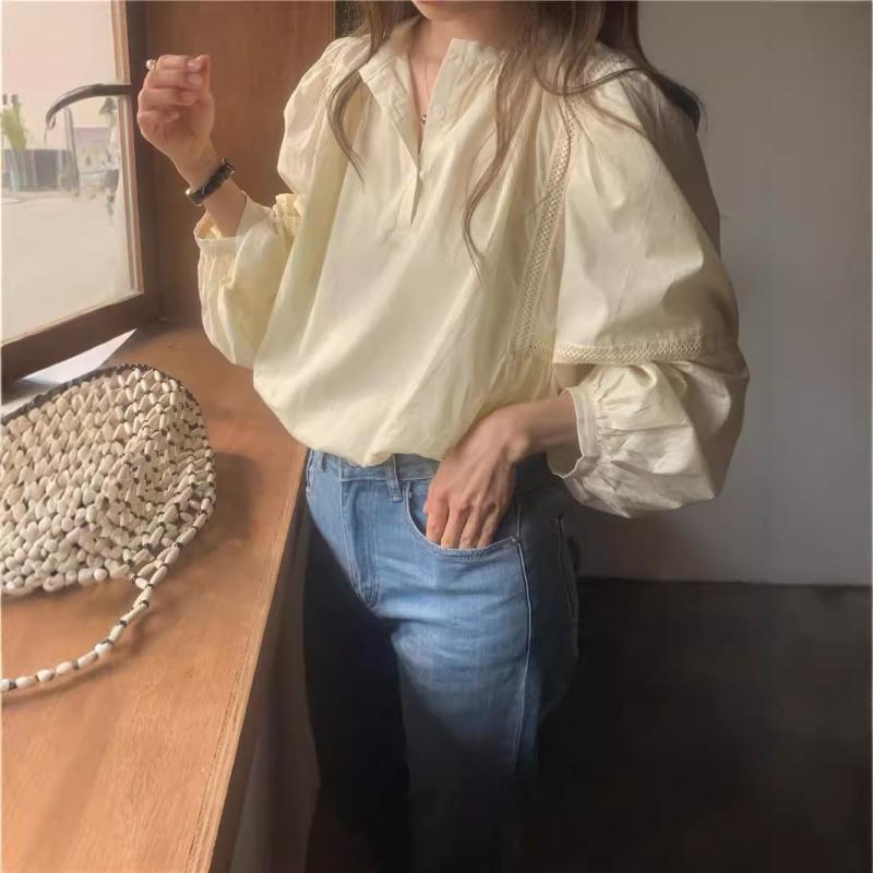 シャツ レディース 長袖 レース 切り替え ゆったり プルオーバー ランタンスリーブ 無地 韓国風 フレンチスタイル コットン ポリエステル 春秋 杏 白 普段使い