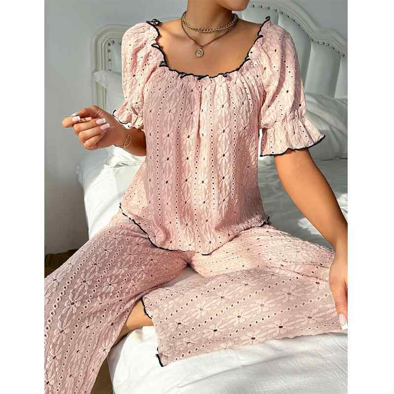 パジャマ レディース 欧米風 甘美 配色 透け トップス ロングパンツ ルームウェア セット 春夏 高級感 通気性 快適 カジュアル ピンク 3分袖 ラウンドネック