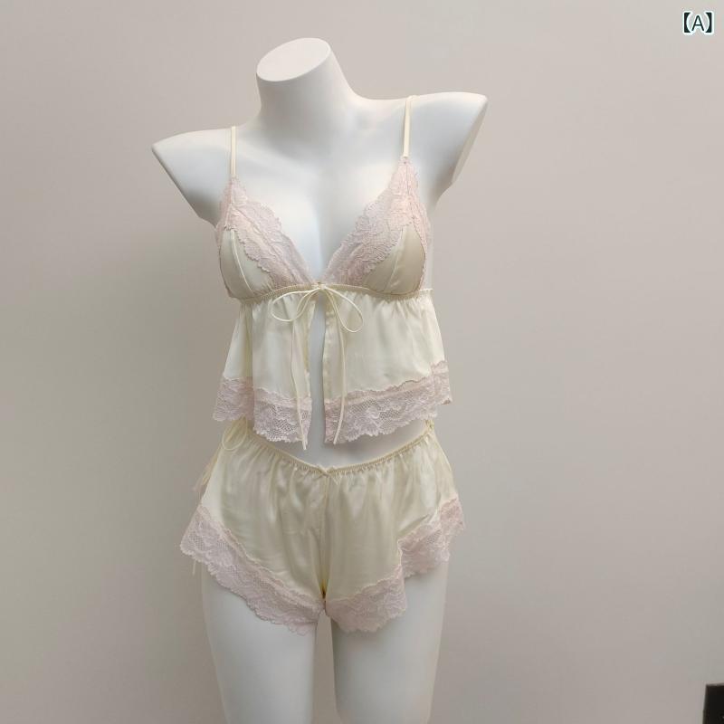 部屋着 レディース セクシー キャミソール ショーツ 2ピースセット Vネック 無袖 レース 紐付き 薄手 接触冷感 快適 カジュアル ホーム 睡眠 オールシーズン 浅黄 浅紫