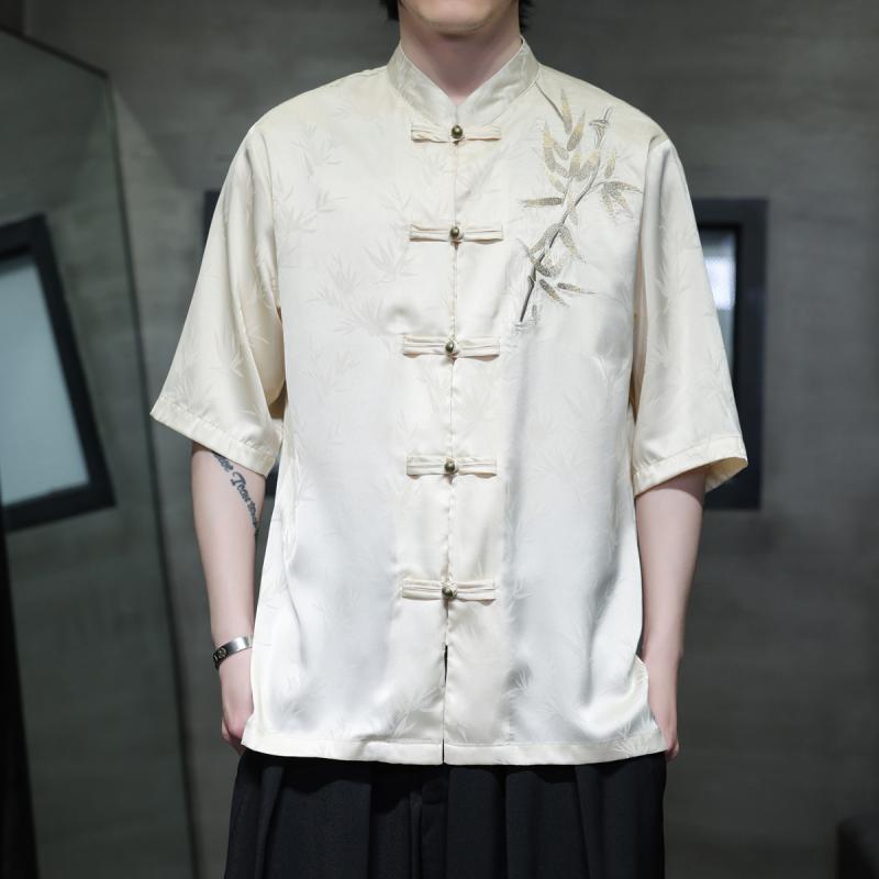漢服 メンズ ファッション 中国風 唐装 夏 青年 薄手 刺繍 半袖 接触冷感 ポリエステル ノンアイロン 銅ボタン チャイナモダン 普段使い 白 黒 米