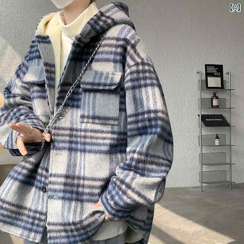 コート メンズ フード付き 厚手 ミドル丈 ウール混 ポリエステル コットンフィル 保温 ルーズフィット シングルブレスト ストライプ柄 側縫いポケット 丸下? カジュアル 冬 ブルー カーキ