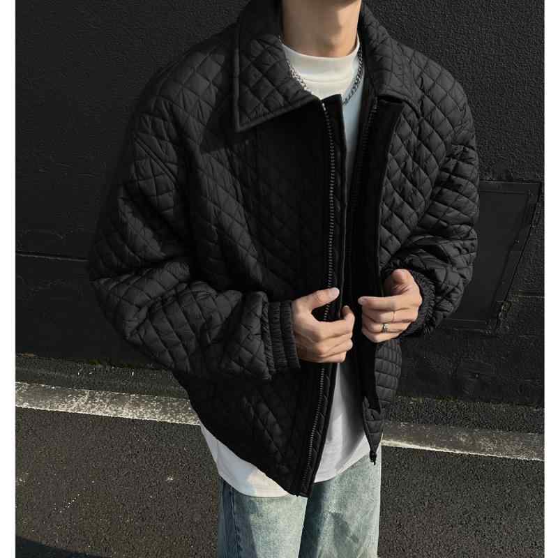 ジャケット メンズ 韓国風 スタンドカラー ルーズシルエット ジップアップ 厚手 綿填充 保暖 ポリエステル 黒 冬 カジュアル 菱形格子柄 サイドポケット ラウンドヘム 普段使い