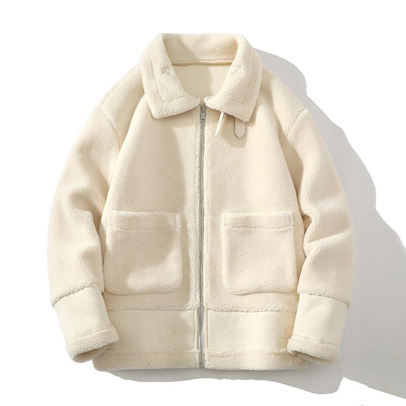 ジャケット メンズ ラムウール ラペルカラー 厚手 保温 アウター コットン混紡 ポリエステル 防水 ルーズフィット ジッパー ロングスリーブ カジュアル 冬 純色 オフホワイト アースイエロー サイドポケット ストレートスリーブ 普段使い