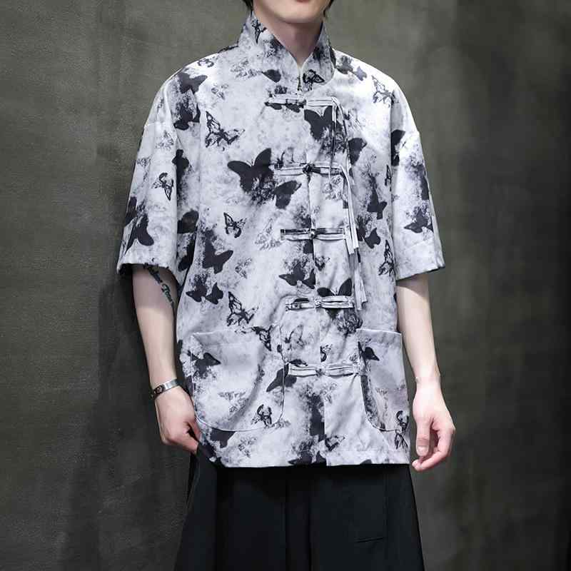 シャツ メンズ 夏 薄手 接触冷感 半袖 スタンドカラー チャイナボタン レトロ 中国風 唐装 漢服風 プリント ビッグシルエット カジュアル 普段使い ブラウン 白 ノンアイロン ユース モダン