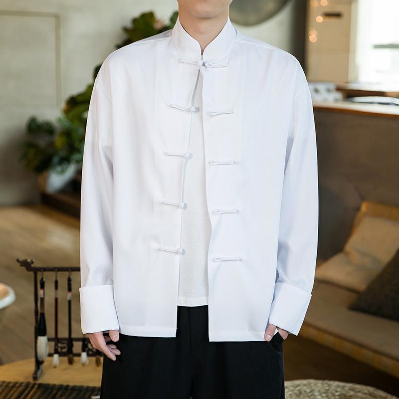 漢服 唐装 メンズ 長袖 シャツ アウター 白 ピンク 黒 春夏 中国風 太極拳 チャイナボタン レトロ ビンテージ カジュアル レジャー 普段使い イージーケア ポリエステル ビッグサイズ