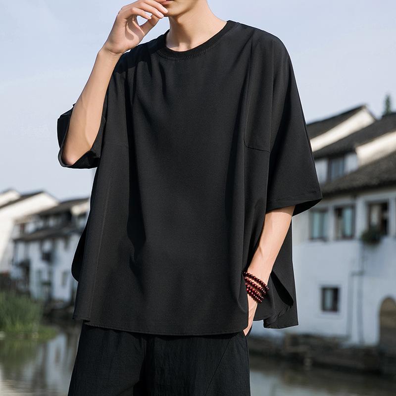 Tシャツ メンズ 中国風 ゆったり 中袖 無地 黒 夏 普段使い 薄手 トップス サイドスリット デザイン クール スタイル 4,859円