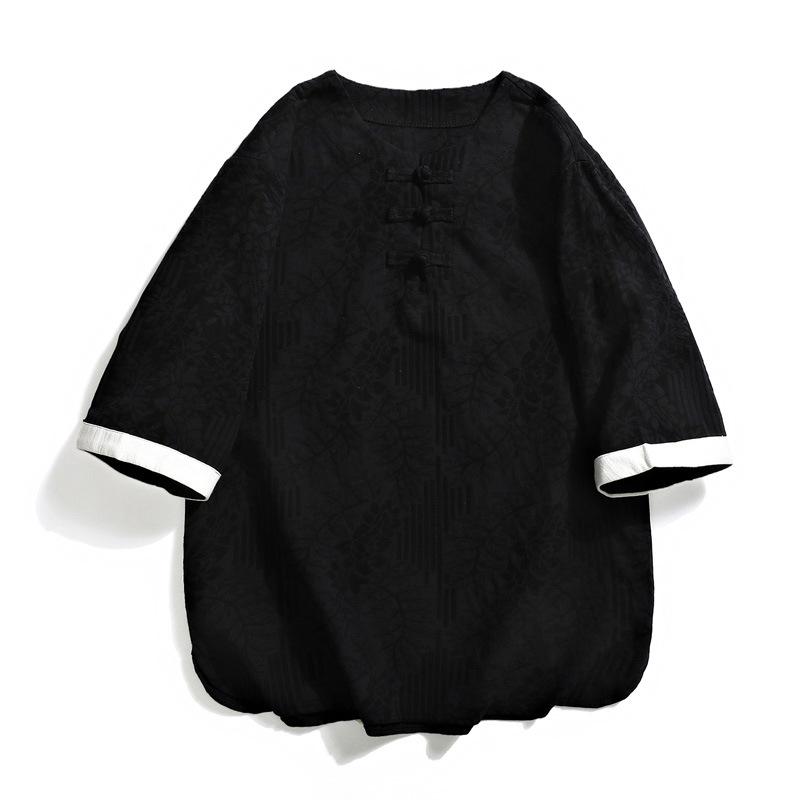 Tシャツ メンズ 半袖 綿麻 中国風 プリント ルーズ 薄手 夏 カジュアル グレー 黒 ブルーグレー
