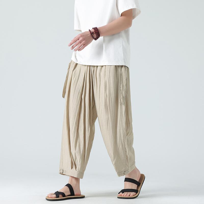 パンツ メンズ 夏 薄手 接触冷感 ゆったり ワイドレッグ ハーレム 9分丈 カジュアル ストレート 普段使い 日式レトロ 無地 カーキ ダークグレー ブラック