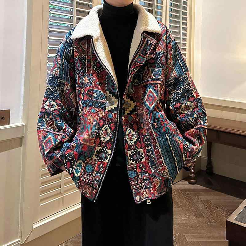 コート メンズ 冬 エスニック風 配色 花柄 厚手 保暖 ルーズ ジッパー ラペルカラー サイドポケット ラウンドヘム カジュアル ポリエステル チェニール 生地 保温 機能 ゆったり フィット ストリート スタイル ビンテージ テイスト フラワープリン