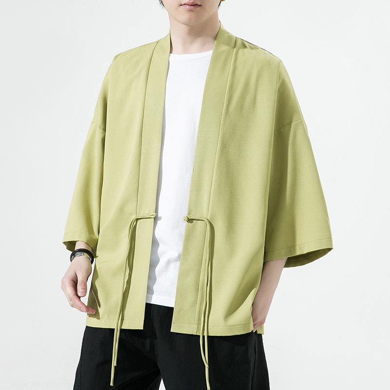 漢服 メンズ 半袖 開襟 カーディガン 接触冷感 夏用 カジュアル ポリエステル 黒 白 緑 レトロ風 チャイナモダン 改良 居士 茶禅服