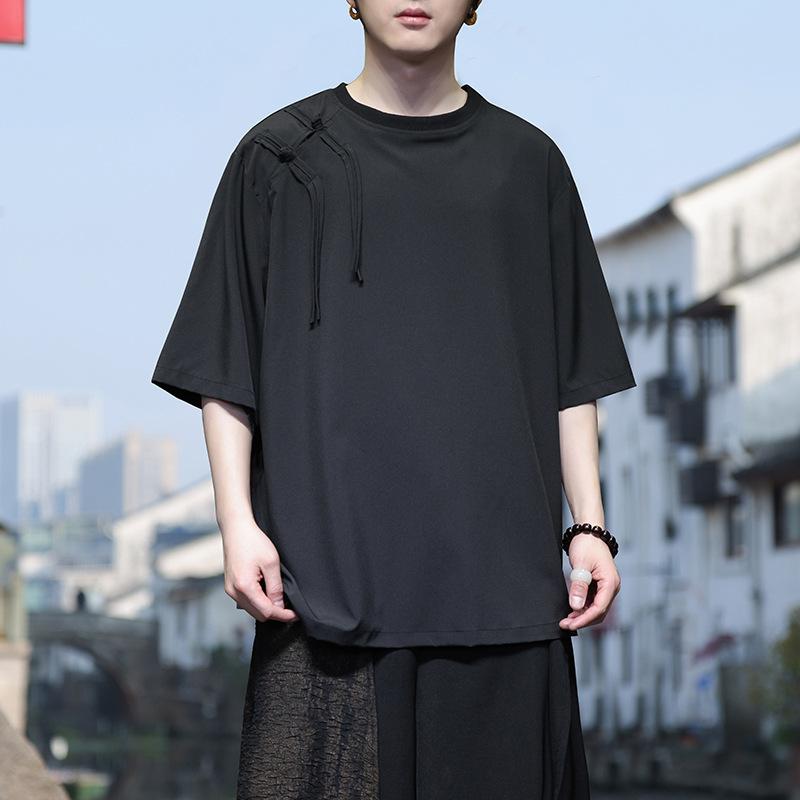 Tシャツ メンズ 中国風 夏 薄手 接触冷感 ゆったり 大きめ 丸首 五分袖 半袖 トップス 普段使い 黒 ジャパニーズ レトロ 青年向け 純色 プルオーバー