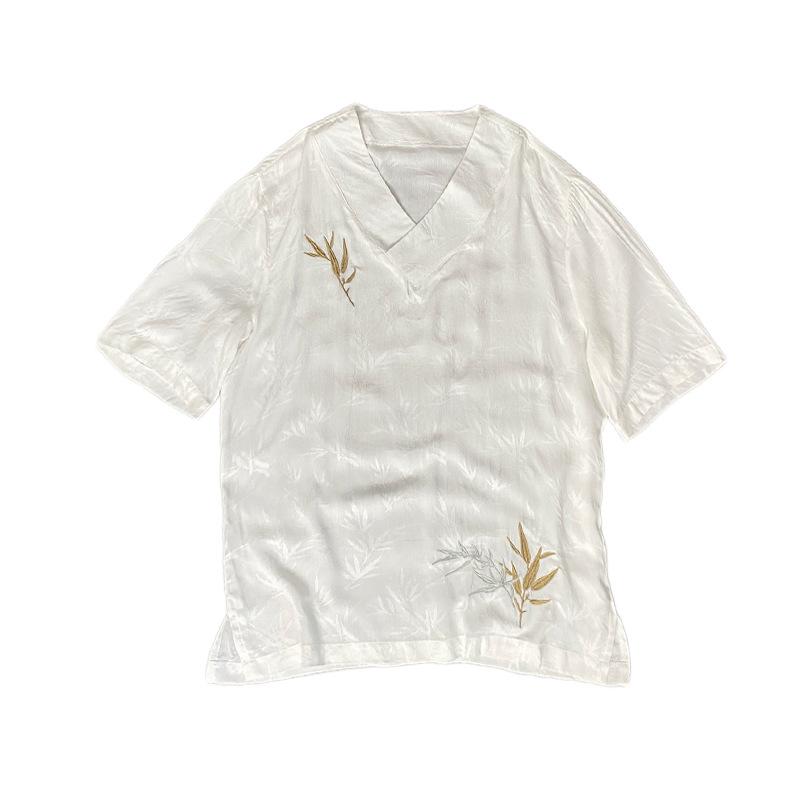Tシャツ トップス メンズ Vネック プルオーバー 半袖 接触冷感 刺繍 レトロ 中国風 ゆったり ストレート袖 薄手 夏 カジュアル 普段使い ストリート ファッション 黒 白 緑