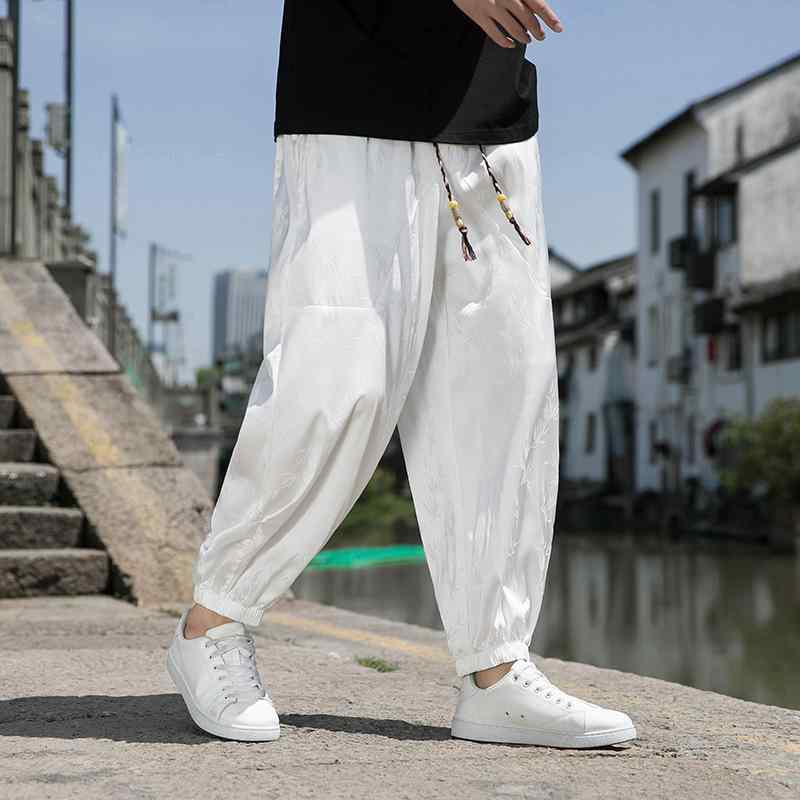 ハランパンツ メンズ 中国風 ゆったり ワイドレッグ 裾絞り 超薄手 接触冷感 ストレッチ 素材 中腰 ドローストリング 普段使い 青年向け 大きめサイズ 白 カーキ 黒