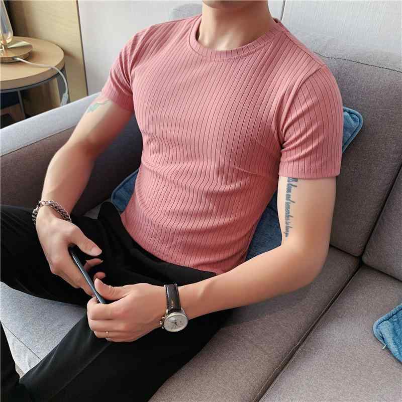 Tシャツ メンズ 半袖 ストライプ柄 スリム ストレッチ 快適 インナー クルーネック 薄手 夏 ポリエステル混紡 白 黒 スポーツ トレンド ユース