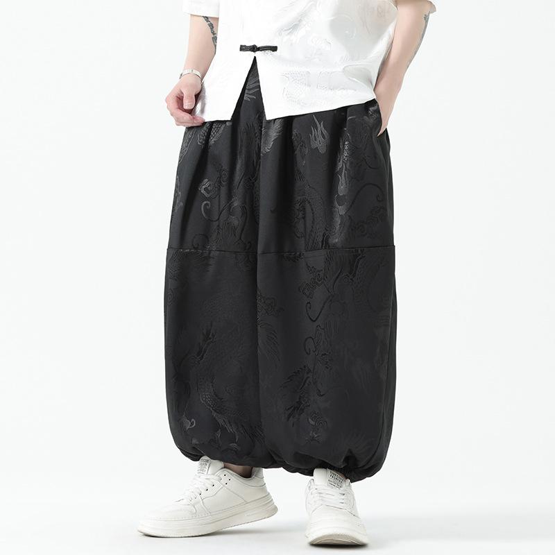 ハーレムパンツ メンズ ゆったり ダーク 中国風 ジャカード織り 灯? ロング カジュアル 黒 春秋 普段使い 中腰 ドローストリング 普通厚 小脚 無伸縮
