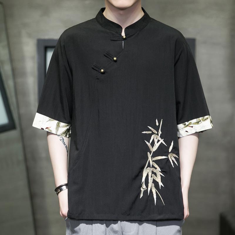 Tシャツ トップス メンズ 漢服風 唐装 茶服 古風 中国風 刺繍 デザイン 接触冷感 麻 素材 五分袖 スタンドカラー ゆったり ビッグサイズ 夏 普段使い おしゃれ ポップ 白 黒