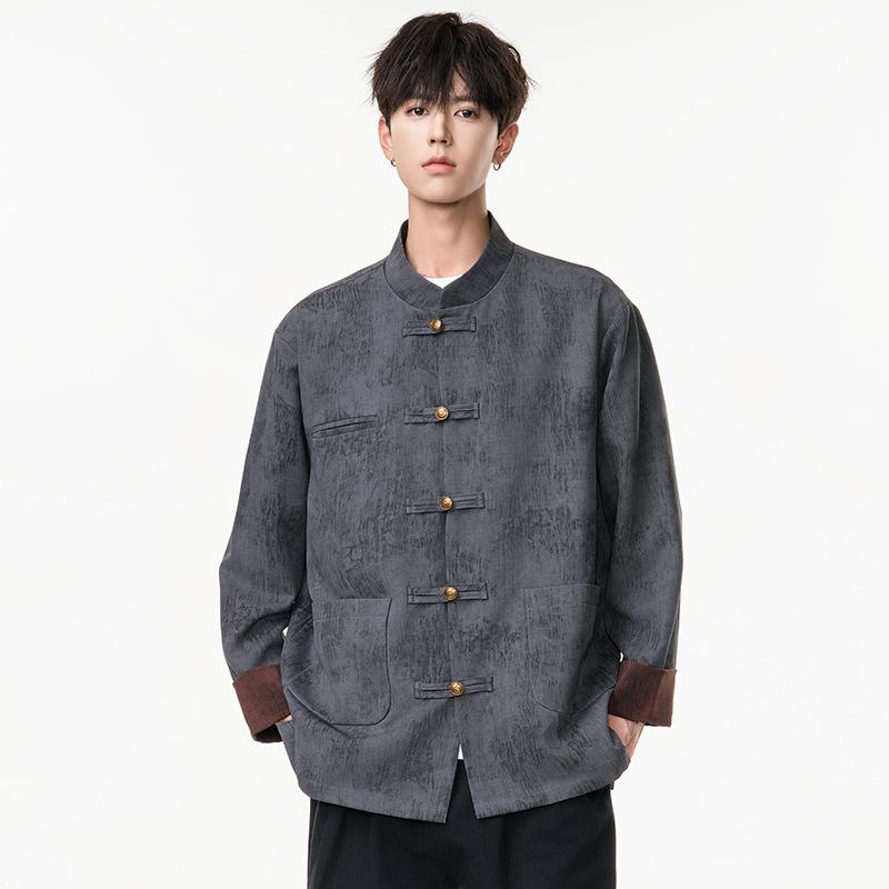 ジャケット メンズ 中国風 中山装 スタンドカラー 金属ボタン ゆったり レトロ 漢服風 長袖 春秋 普段使い ポリエステル グレー 赤 スリムフィット シングルブレスト ストレートヘム フラップポケット