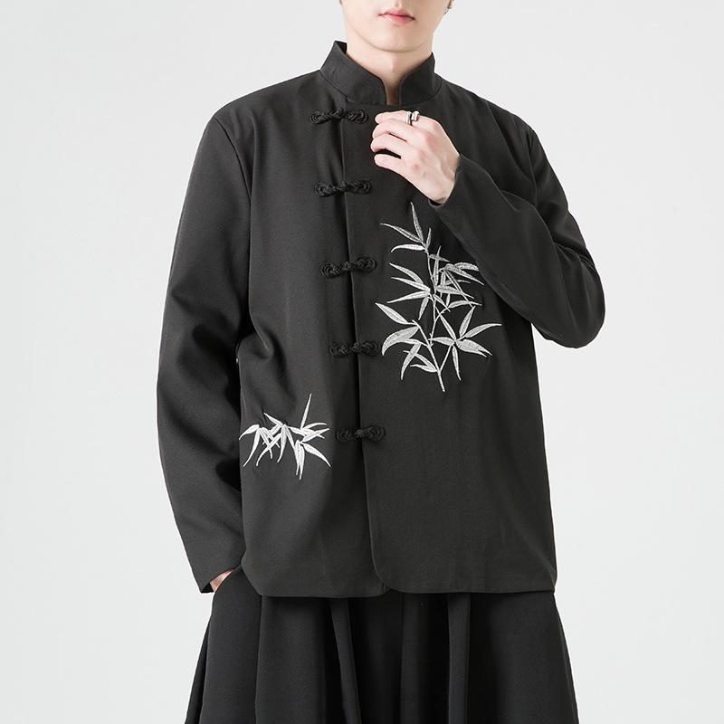 ジャケット メンズ 中国風 改良漢服 レトロ チャイナボタン スタンドカラー 長袖 黒 無地 ゆったりシルエット シングル ボタン ラウンドヘム ポリエステル 春秋 カジュアル 普段使い 唐装風
