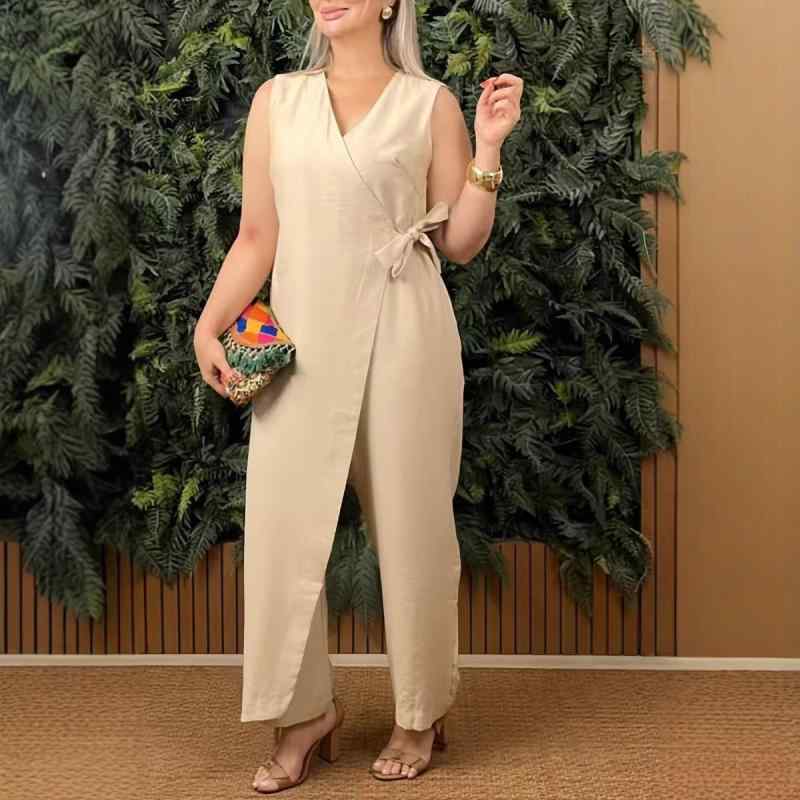 オールインワン レディース Vネック ノースリーブ ベルト付き 無地 カジュアル ルーズ ミッドライズ ロングパンツ 薄手 コットン ポリエステル 切り替え 微弾性 春夏 通勤 普段使い ベージュ 赤 黒