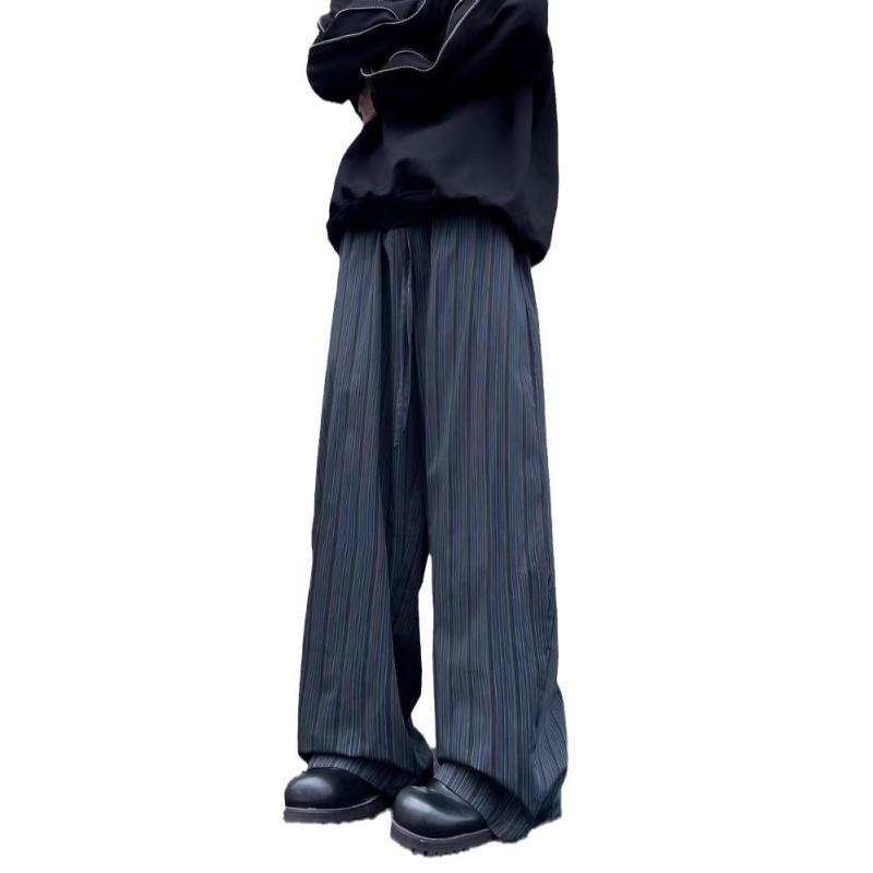 ワイドパンツ メンズ 黒 青 縦ストライプ レトロ カジュアル ゆったり ロング ストレート 中腰 ドローストリング 春秋 コットン混紡 ポリエステル ノーアイロン 微弾性 ポケット 装飾