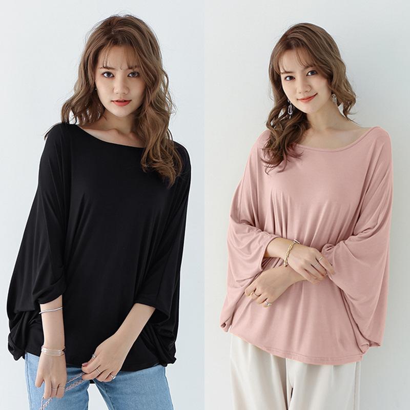Tシャツ レディース 蝙蝠袖 ゆったり 半袖 夏 韓国風 無地 モダール 薄手 丸首 ビッグサイズ 細見え ルーズフィット 爽やか かわいい 普段使い カジュアル シンプル ブラック ネイビー ピンク