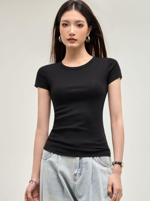 Tシャツ レディース 半袖 春夏 コットン ストレッチ 純色 シンプル クルーネック スリムフィット カジュアル 普段使い ブラック ホワイト ネイビー