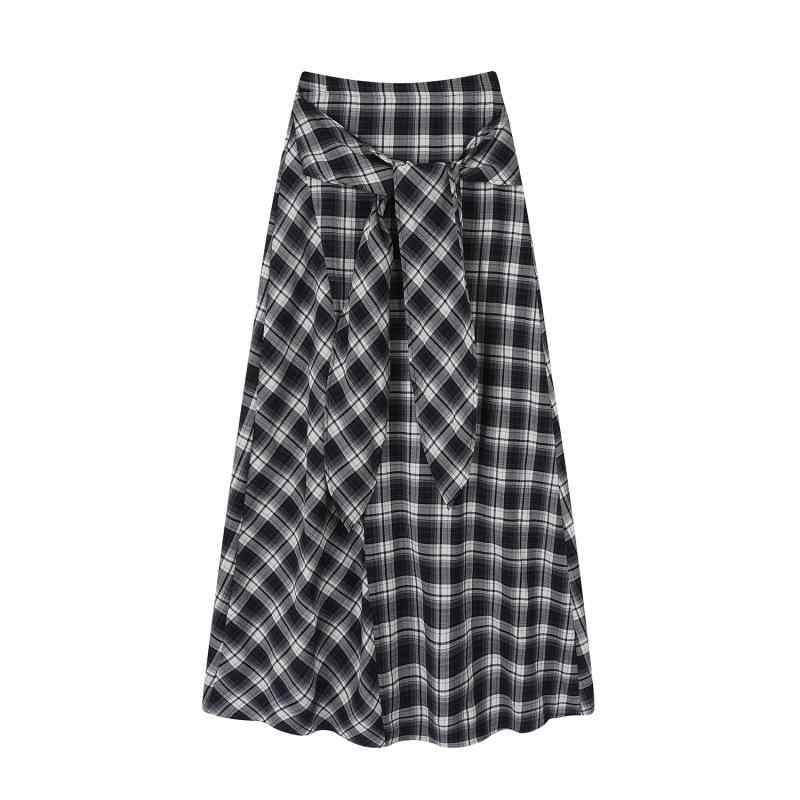 半身スカート レディース 黒白 チェック柄 Aライン ミドル丈 夏 レトロ エレガント スリム効果 立体裁き 切り替え デザイン スタイリッシュ 通勤 普段使い 快適 カジュアル