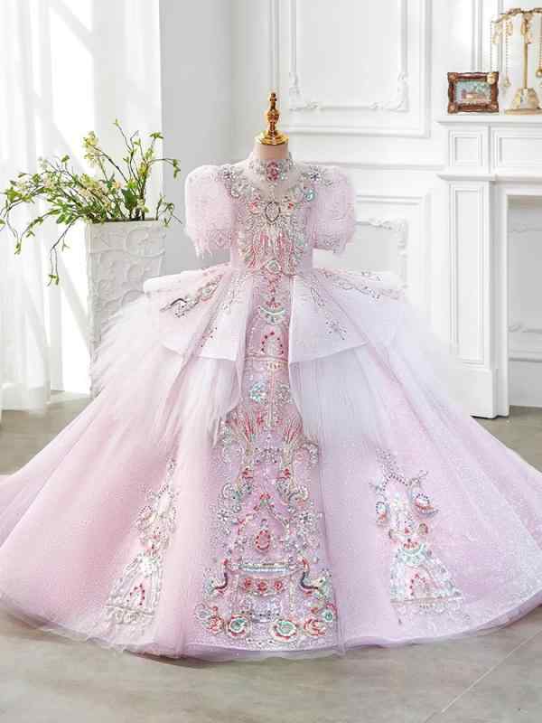 プリンセスドレス 女の子 子供用 パーティードレス 誕生日ドレス 演奏会ドレス 司会者服 ピアノ演奏服 かわいい ピンク リネン 素材 プリーツ加工 オールシーズン フォーマル 子供服｜pure bliss