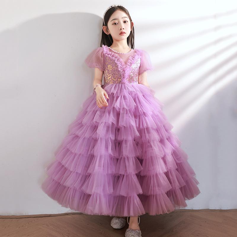 プリンセスドレス 女の子 キッズ かわいい イブニングドレス パーティー 誕生日 演奏会 ステージ衣装 紫 ポリエステル チュール レース リボン プリーツ プリント 高級感 オールシーズン｜pure bliss
