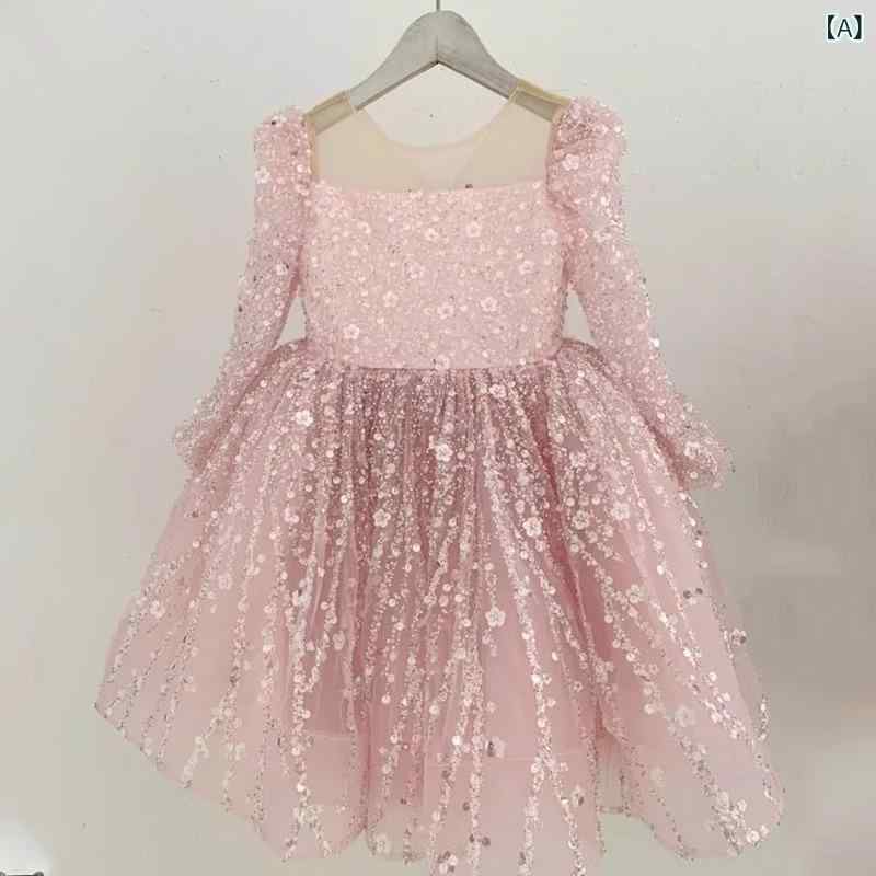 御姫様御召しもの うしろ帯 長袖 スパンコール付き添い人 可愛らしい ふんわり チュールスカート 生まれ落ちる日寄りあい オール時節 ポリエステル原材料 サクラ色 白 青み