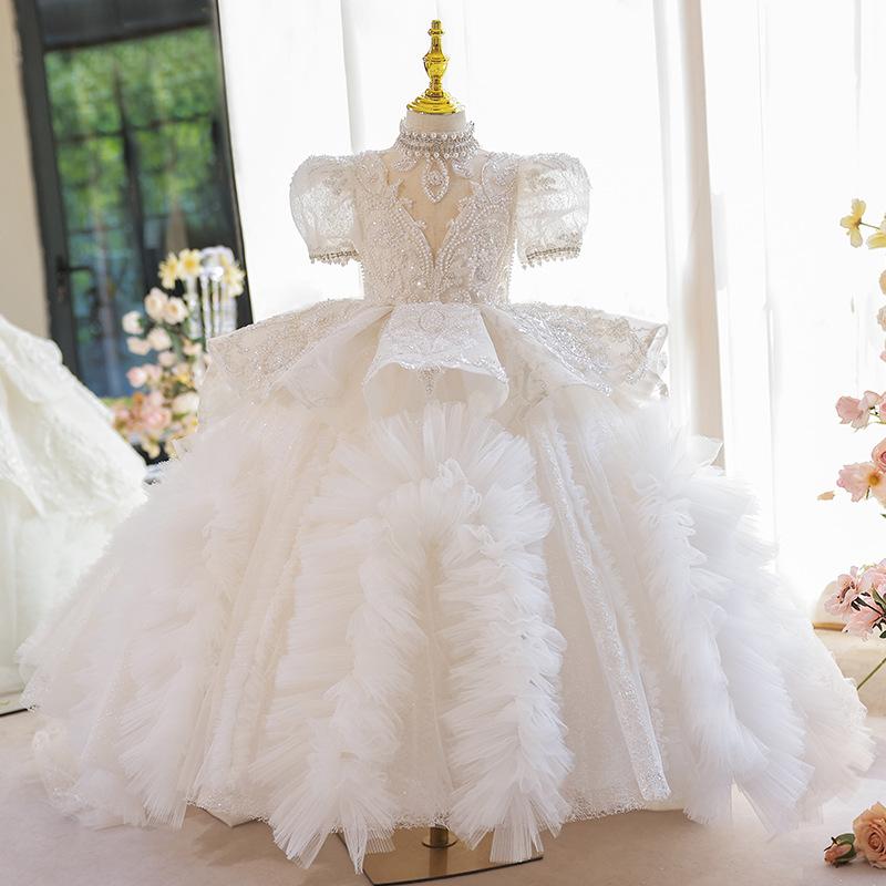 プリンセスロングドレス 女の子 白 トレイン付き フラワーガール 演出服 子供 チュールレース ポリエステル混紡 プリーツ加工 酵素洗 オールシーズン かわいい 結婚式 パーティー｜pure bliss