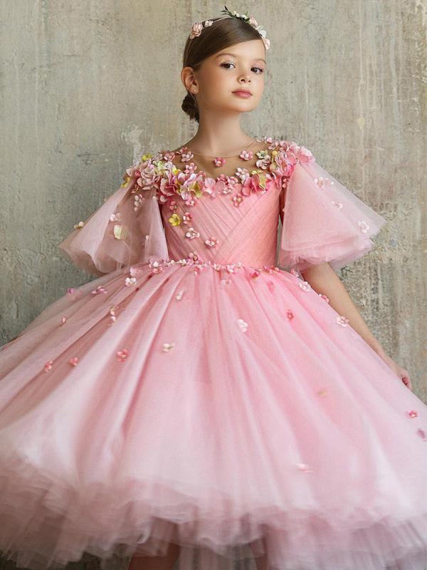 プリンセスドレス 女の子 ピンク チュール フレアスカート リネン素材 コットン裏地 オールシーズン かわいい パーティー フォーマル ボリューム デザイン|pure bliss