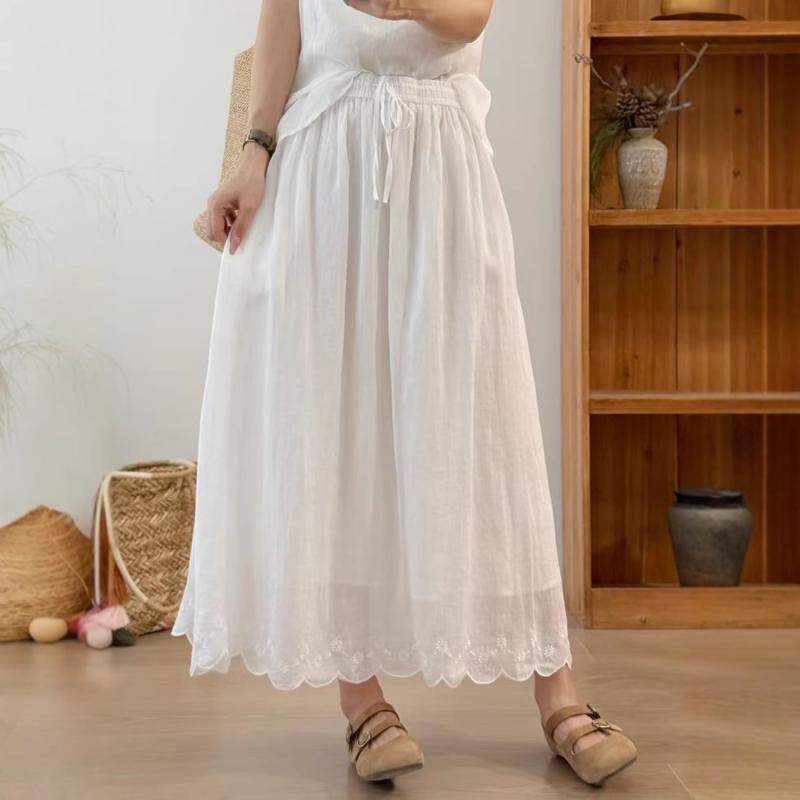 スコート レディース A生産ライン MIDI丈 酉の方角天然ゴム 紐 刺しゅう 草木花柄 リネン 夏 ダブルレイヤー 分かりやすい 森御姉さん ボヘミアン レトロ 普段使い走り 白 ベージュ サクラ色