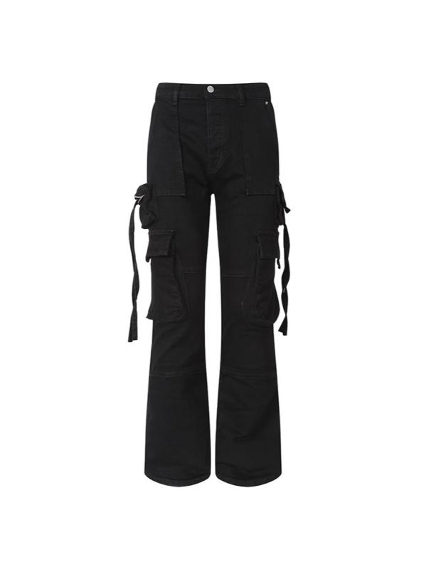デニムパンツ メンズ 黒 フレアレッグ スリムフィット 中腰 ストレッチ 多ポケット ベルト付き コットン ボタンフライ 普段使い ストリート カジュアル オールシーズン｜pure bliss