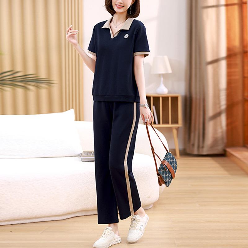 カジュアルセット レディース 半袖 トップス ロングパンツ 夏 薄手 コットン ポリ混 切り替え ポケット 文字柄 小柄 ママ スリム 日韓 ベージュ マスタード ネイビー|pure bliss