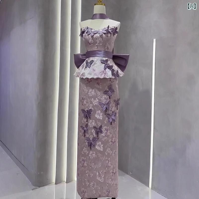 御芽出度お召しもの レディース ストラップレス 御機嫌酉の方角 ロング 紫 花嫁御寮 敬酒 ご造作 御前上等感 ポリエステル 夏 無地 か細い 無袖 刺しゅう