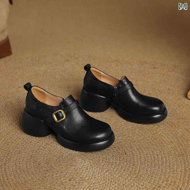 厚底パンプス レディース 牛皮 チャンキーヒール ラウンドトゥ ストラップバックル サイドジップ 中口 置き目とり捨てる ブリティッシュスタイル 普段使い走り 黒 茶 オール時節
