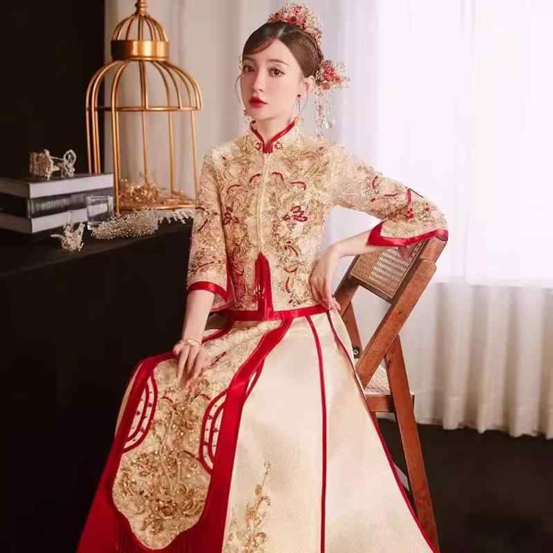 秀禾服 メンズ レディース 龍鳳褂 花嫁御寮服 華燭の典 一緒になる敬酒服 中式華燭の典 成年者 長袖 立領 刺しゅう スパンコール ロング御召しもの 立ち会い場丈 三鞭酒 夏
