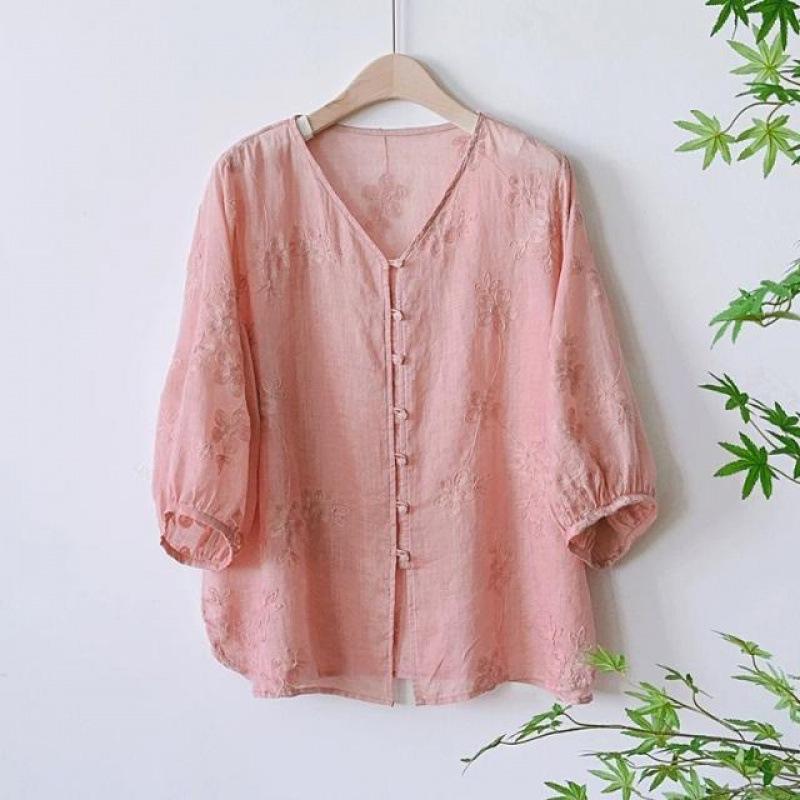 カーディガン レディース 夏 UVカット ラミー 花刺繍 薄手 ゆったり Vネック 七分袖 パフスリーブ オフショルダー 通勤 シティ 上品 杏 粉｜pure bliss
