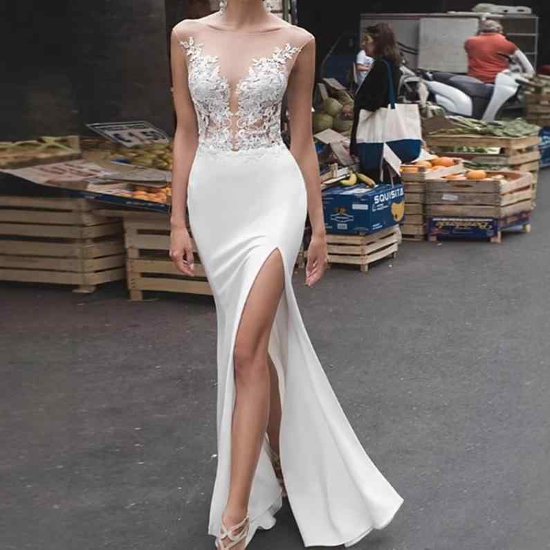 結婚式ドレス レディース Vネック バックレス サイドハイスリット マーメイド ハイウエスト ノースリーブ ロング 小トレーン ポリエステル 白 アイボリー 秋|pure bliss